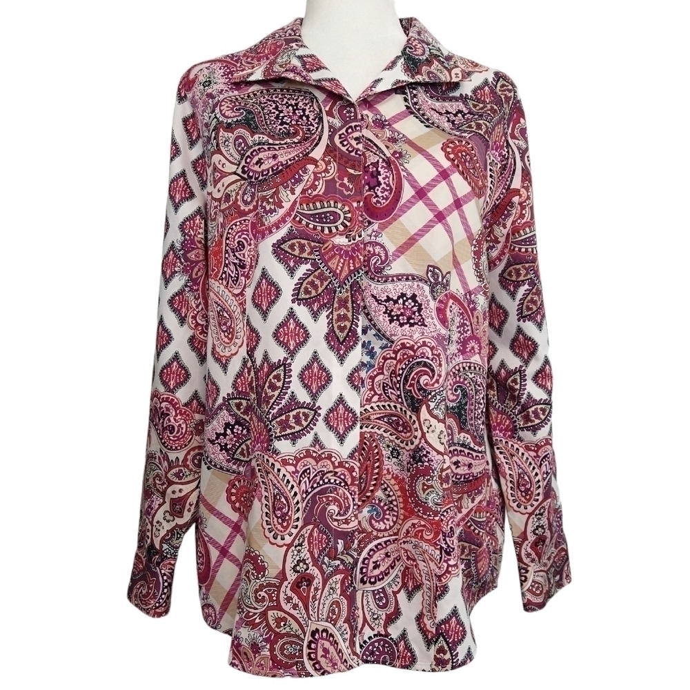 Chico's No Iron 100% Cotton Paisley White Pink Button-Up Shirt Boho Colorful